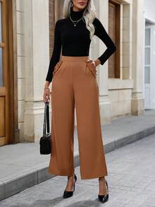 SHEIN LUNE Solid Slant Pocket Wide Leg Pants - Brown - View 5