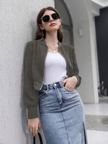 Mulvari 純色拉鍊短款飛行員夾克 - 軍綠色 - 查看 1