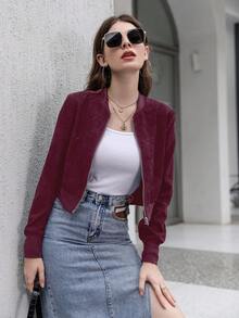 Mulvari 勃艮第红色纯色拉链短款飞行员夹克 - 酒紅色 - 查看 3