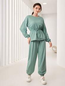 Mulvari Drop Shoulder Drawstring Waist Top & Sweatpants - Green - View 4