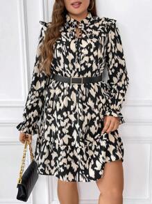 SHEIN Frenchy Plus Allover Print Tie Neck Flounce Sleeve Ruffle Trim Dress Without Belt