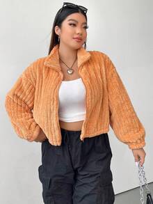 Flirla Plus Zip Up Drop Shoulder Crop Teddy Jacket - Orange - View 5