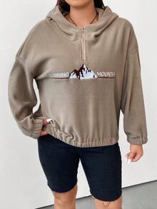 Flirla Plus Letter Graphic Drop Shoulder Hooded Fleece Sweatshirt - Apricot - View 6