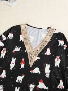 Christmas Print Contrast Lace Tee - Black - View 6