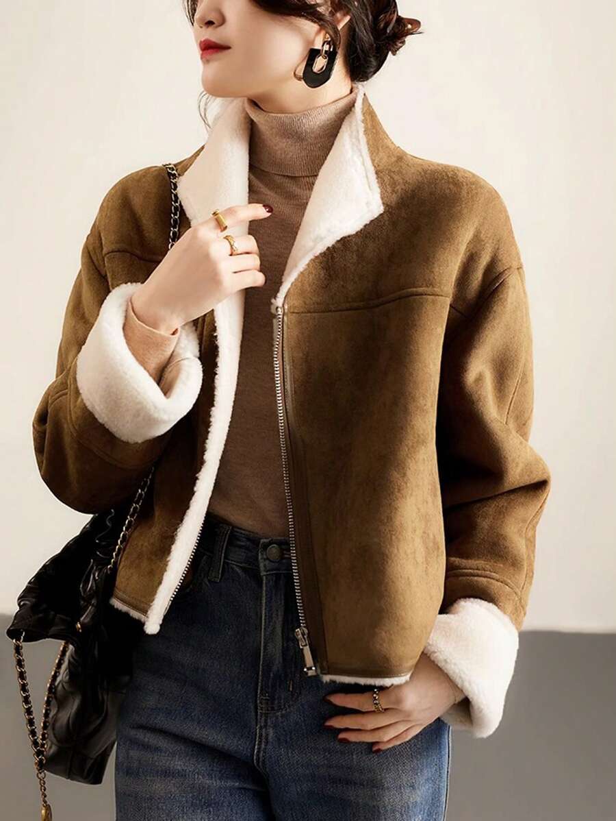 泰迪熊襯里拉鏈夾克 - 駝色 - 查看 1