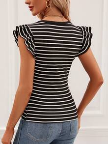 SHEIN LUNE Striped Print Ruffle Trim Tee - Black - View 2