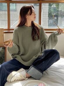 DAZY 纯色落肩罗纹针织毛衣、长袖上衣、秋装 - 橄欖綠 - 查看 5