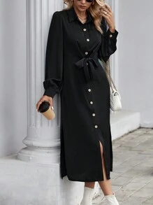 SHEIN LUNE 純色正面鈕扣繫帶襯衫洋裝 - 黑色 - 查看 1