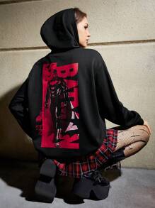 Batman X ROMWE Capucha con estampado de letra con bolsillo de canguro con cordón - Negro - Ver 2