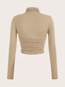 SHEIN EZwear 春裝連衣裙實色高領褶皺T恤 - 卡其色 - 查看 2