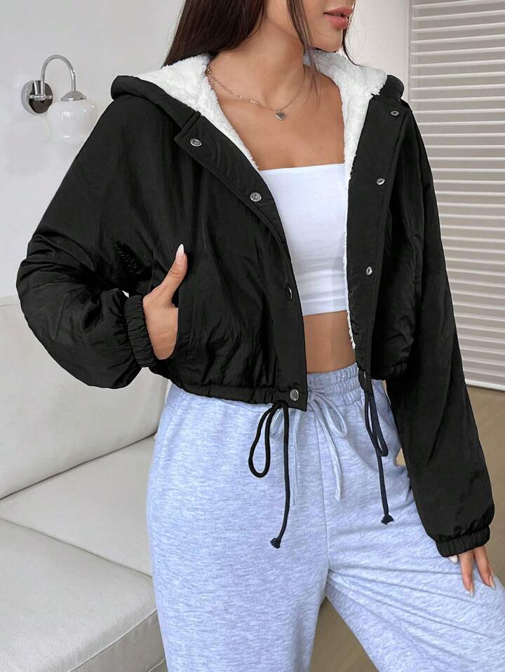 SHEIN EZwear ジッパーアップ ドロップショルダー テディライン フー SHEIN EZwear ジッパーアップ ドロップショルダー テディライン フー