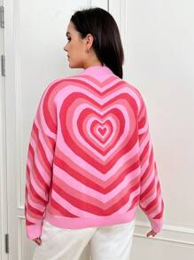 SHEIN Qutie 大碼愛心圖案落肩袖套頭毛衣 - 粉色 - 查看 2