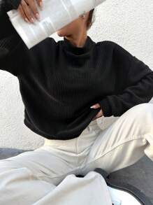 RueChic Mock Neck Drop Shoulder Tee - Black - View 1