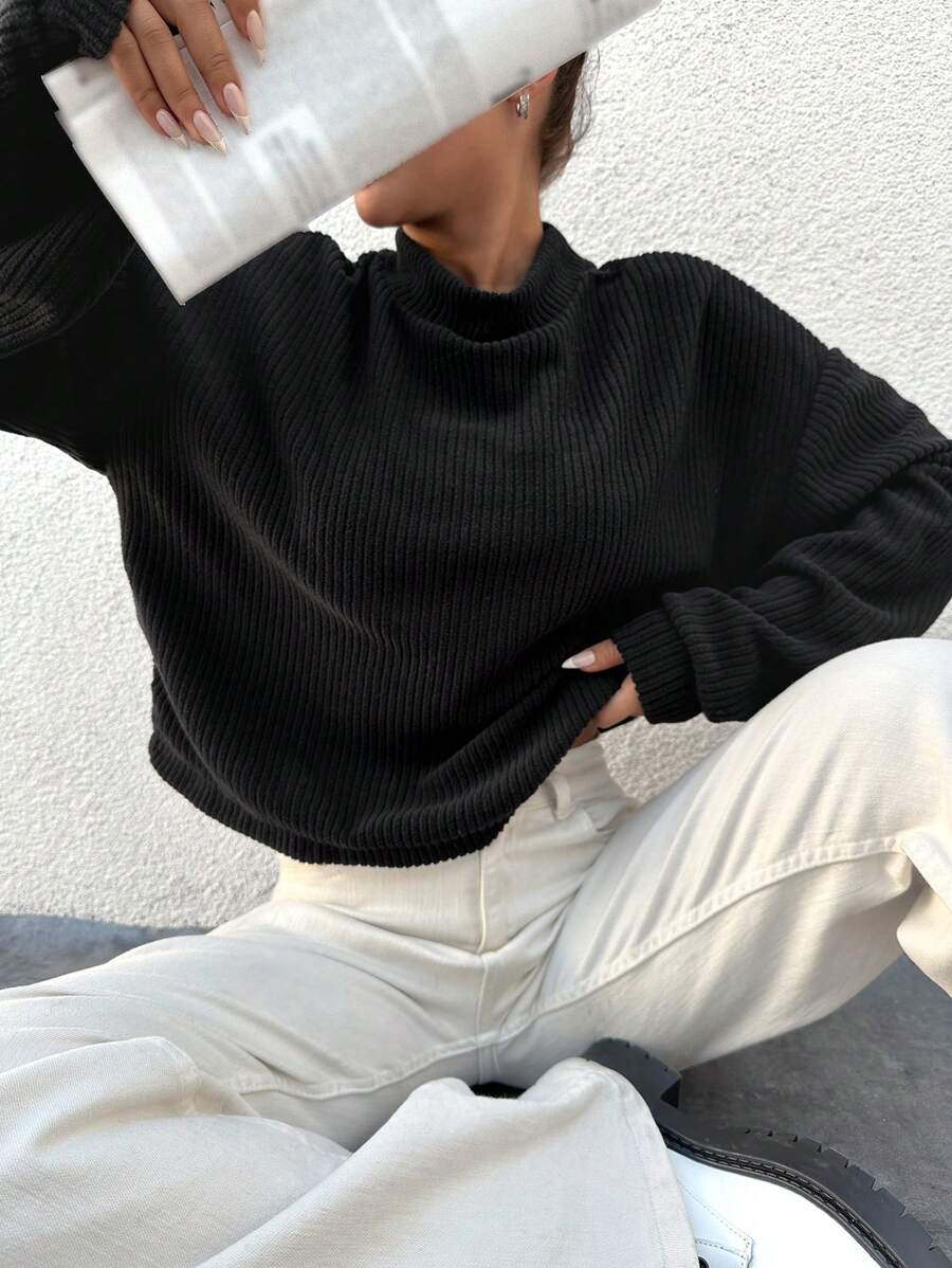 RueChic Mock Neck Drop Shoulder Tee - Black - View 1