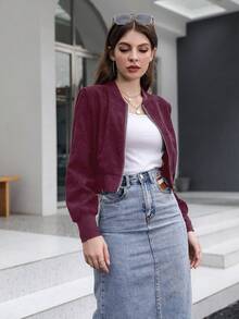 Mulvari 勃艮第红色纯色拉链短款飞行员夹克 - 酒紅色 - 查看 6