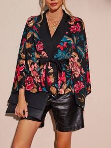 SHEIN LUNE Floral Print Batwing Sleeve Belted Coat