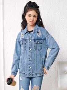 Chica adolescente Cazadora mezclilla desgarro de hombros caídos - Azul lavado medio - Ver 6
