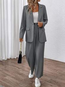 Chiquease Lapel Neck Single Button Blazer & Suit Pants - Dark Grey - View 1