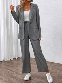 Chiquease Lapel Neck Single Button Blazer & Suit Pants - Dark Grey - View 5