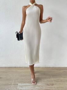 SHEIN Privé 素色後背繫帶下擺開叉條紋針織掛脖洋裝 - 杏色 - 查看 1