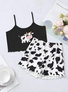 Tween Girl Cow Print Lettuce Trim Cami Top & Shorts PJ Set
