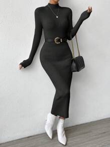 Rafferiza Cổ giả Đồ đan Ribbed Đầm Áo len - màu đen - Xem 3