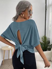 SHEIN Essnce 後綁帶蝙蝠袖華夫格編織T恤 - 霧霾藍 - 查看 4