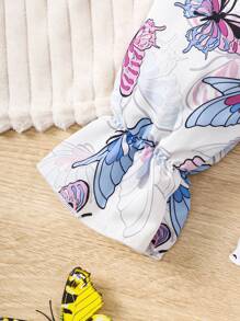 女小童蝴蝶圖案喇叭袖荷葉邊下擺襯衫和下擺開叉喇叭褲 - 紫色 - 查看 5