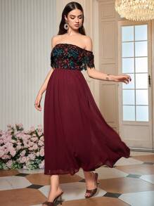 SHEIN Belle Burgundy Red Off Shoulder Contrast Sequin A-Line Dress - Burgundy - View 3