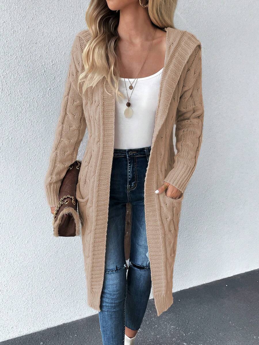 SHEIN Essnce 雙口袋落肩袖連帽開襟開衫 - 卡其色 - 查看 1