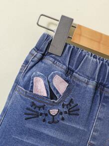 Young Girl Cartoon Embroidery 3D Ears Design Jeans