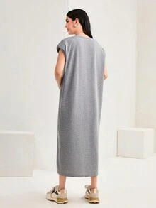 Mulvari 標語圖案蝙蝠翼袖T恤洋裝 - 淺灰色 - 查看 3