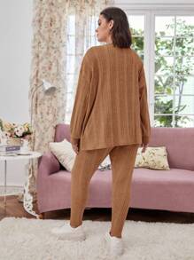 SHEIN LUNE 大碼落肩袖袋鼠口袋上衣和緊身褲 - 棕色 - 查看 2