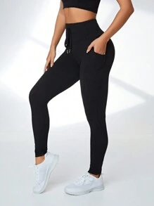 Easithlete Solid Drawstring Waist Pocket Side Sports Leggings Yoga Women Pants - Black - View 1