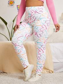 SHEIN EZwear Plus 夏季爱心印花紧身裤 - 彩色 - 查看 1
