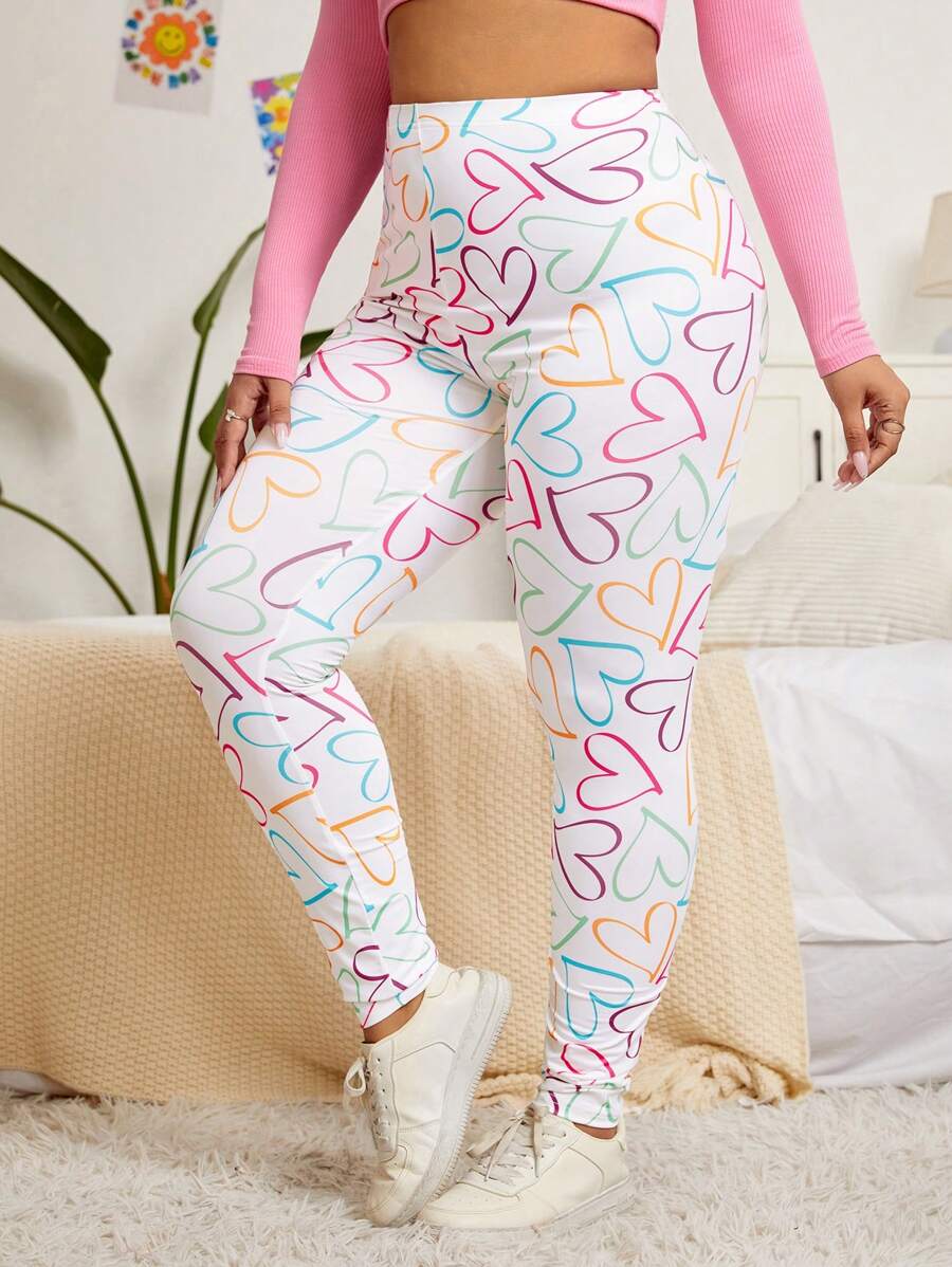 SHEIN EZwear Plus 夏季爱心印花紧身裤 - 彩色 - 查看 1