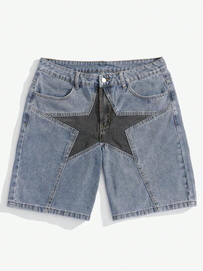 ROMWE Prep Men Star Print Denim Shorts