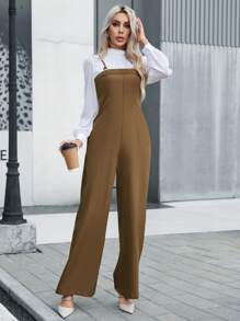 GENKIRA Solid Wide Leg Overall Jumpsuit Without Blouse - Brown - View 4