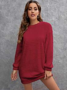 SHEIN LUNE Solid Drop Shoulder Teddy Sweatshirt Dress - Burgundy - View 1