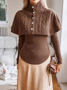 SHEIN Privé 麻花編織開襟衫&小高領針織披肩 - 棕色 - 查看 3
