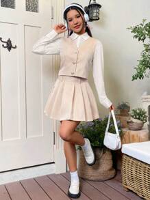 SHEIN EZwear Unicolore À Bouton Blazer Sans Manches & Jupe Plissée - Nude - Voir 5