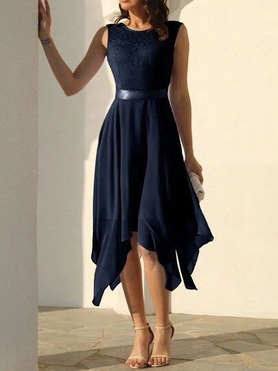 Contrast Lace Asymmetrical Hem Cocktail Dress