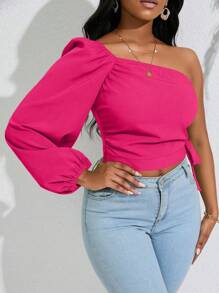 BamGleam One Shoulder Lantern Sleeve Knot Side Crop Blouse,Long Sleeve Tops Fall Cloth For Women - Hot Pink - View 4