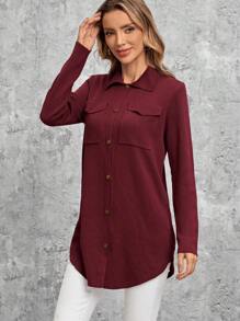 EMERY ROSE 秋冬翻盖口袋纽扣前开衫 - 酒紅色 - 查看 3