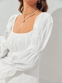 Soleia Solid Square Neck Flounce Sleeve Ruched Bust Dress - White - View 4