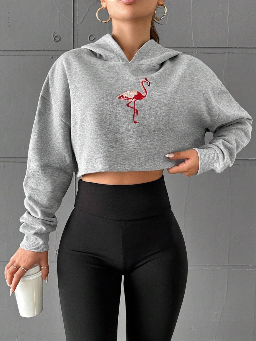 EURMUSE Flamingo Embroidered Drop Shoulder Crop Hoodie - Grey - View 1