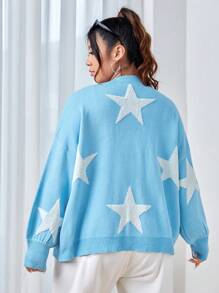 SHEIN EZwear 休閒前紐扣幾何大碼開衫 - 藍色 - 查看 2