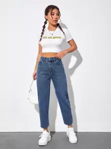 SHEIN PETITE High Waist Mom Fit Jeans - Dark Wash - View 4