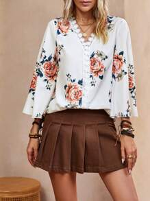 SHEIN LUNE 花卉印花凸花蕾絲邊喇叭袖襯衫 - 彩色 - 查看 3