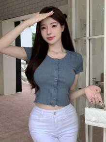 DAZY 純色鈕扣前莢型修剪短袖t恤